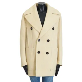 Curved Shape Double Wool Coat In Oatmeal Beige Melange Cotton & Wool Blend