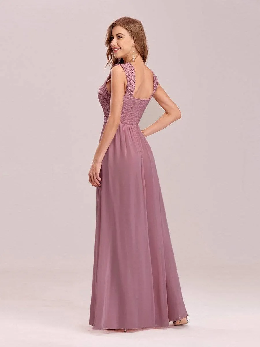 Elegant A Line Long Chiffon Bridesmaid Dress With Lace Bodice