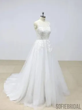 Elegant Backless Lace V Neck Tulle A-line Cheap Wedding Dresses Online, WD390