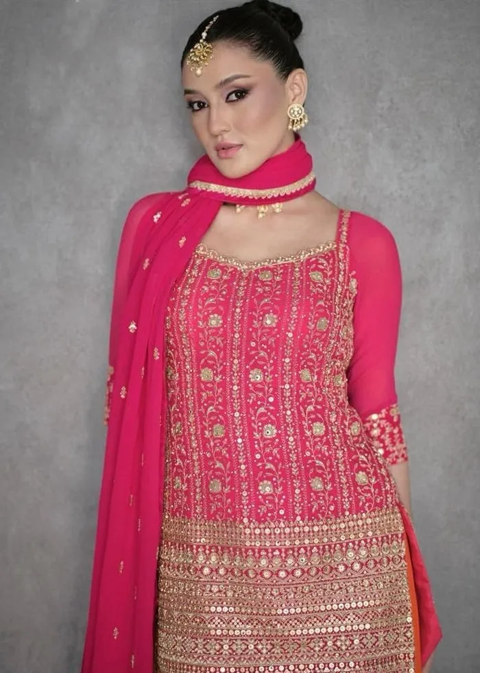 Embroidered Georgette Sharara Suits Pink