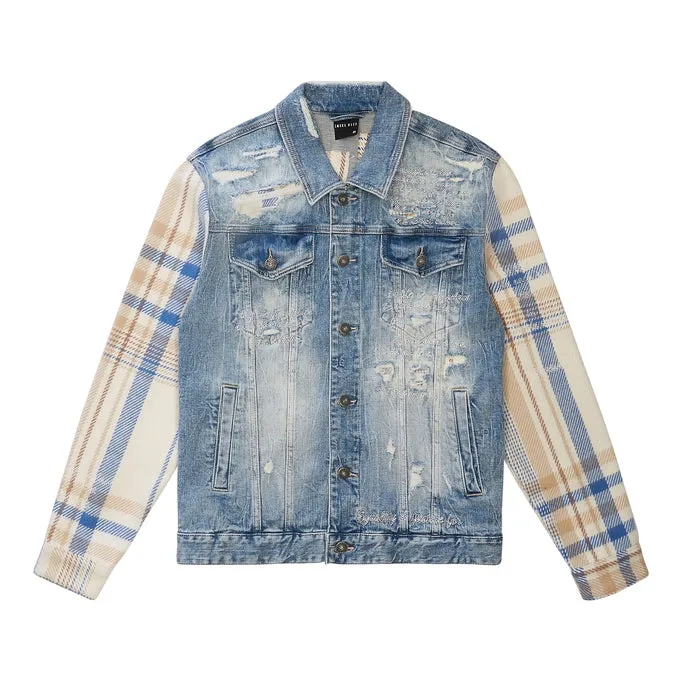 Embroidered Plaid Backed Jean Jacket - Lowell Blue