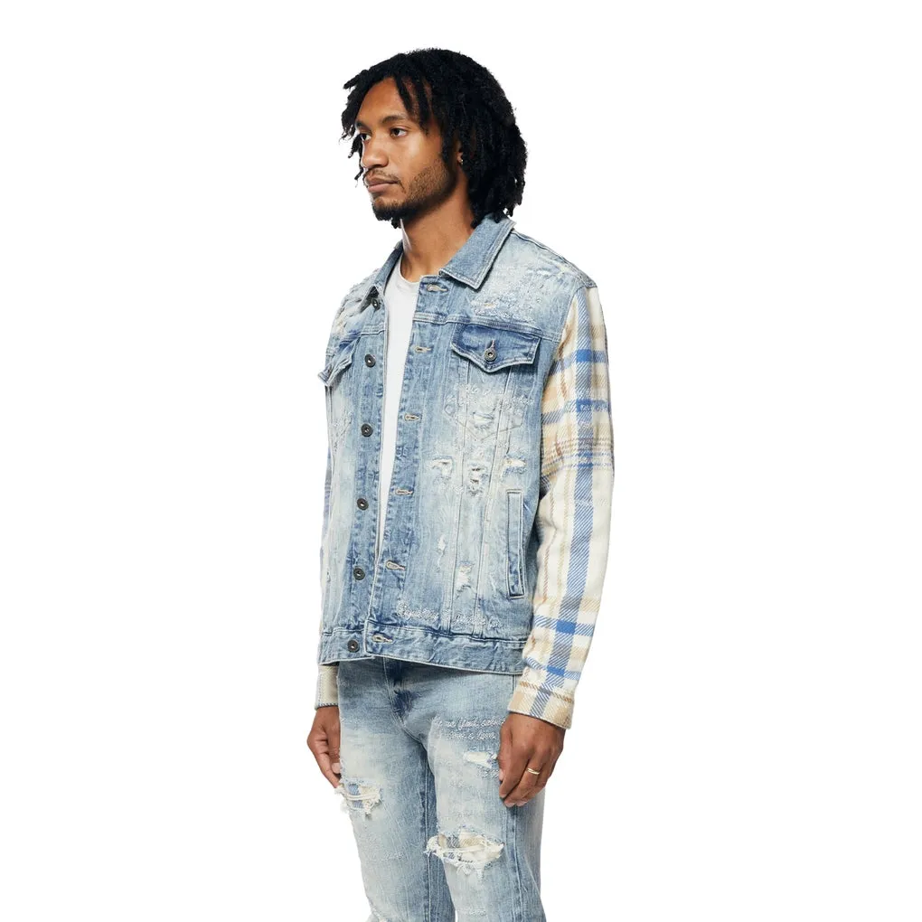 Embroidered Plaid Backed Jean Jacket - Lowell Blue