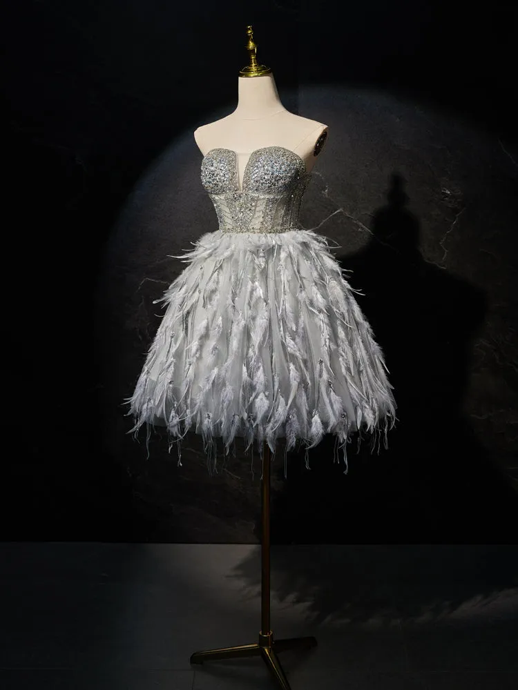 Exquisite Beading Strapless Feathers A Line Homecoming Dresses