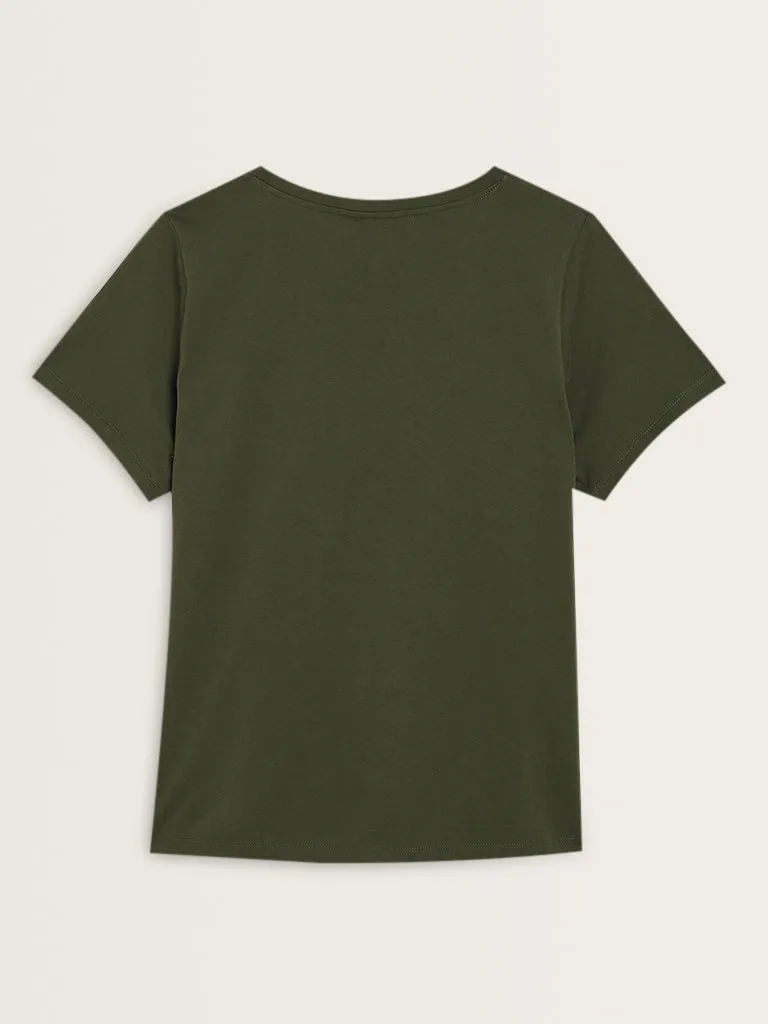 Gia Olive Abstract Printed Cotton T-Shirt