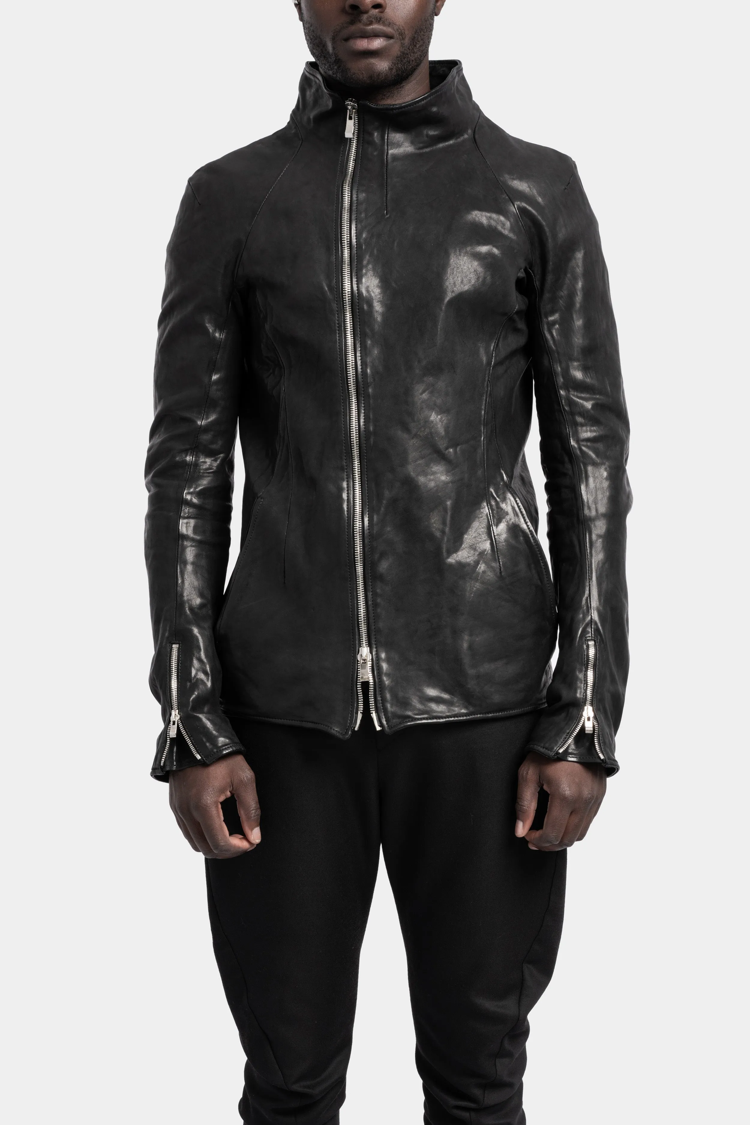 High neck asymmetrical zip calf leather jacket