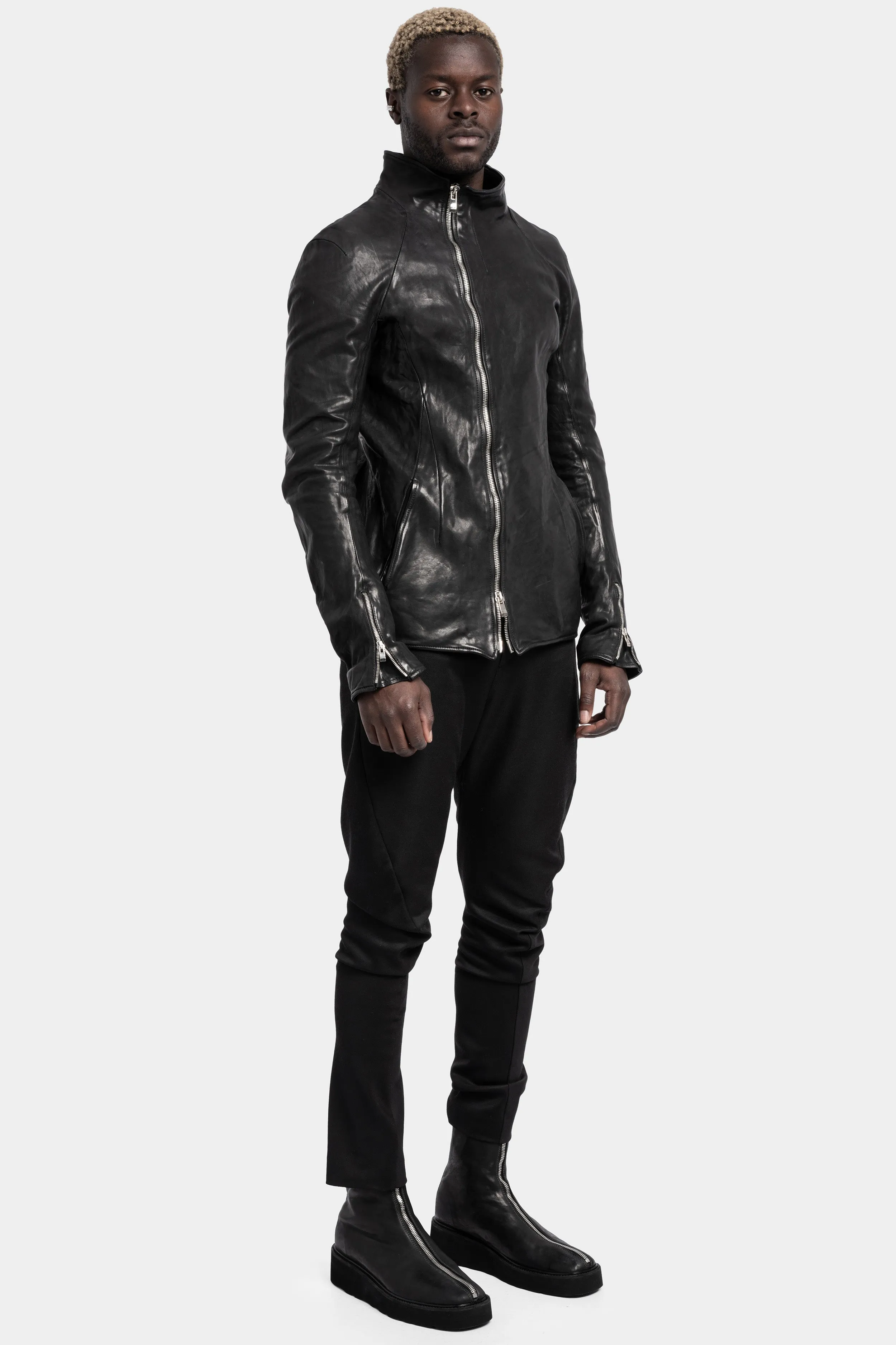 High neck asymmetrical zip calf leather jacket