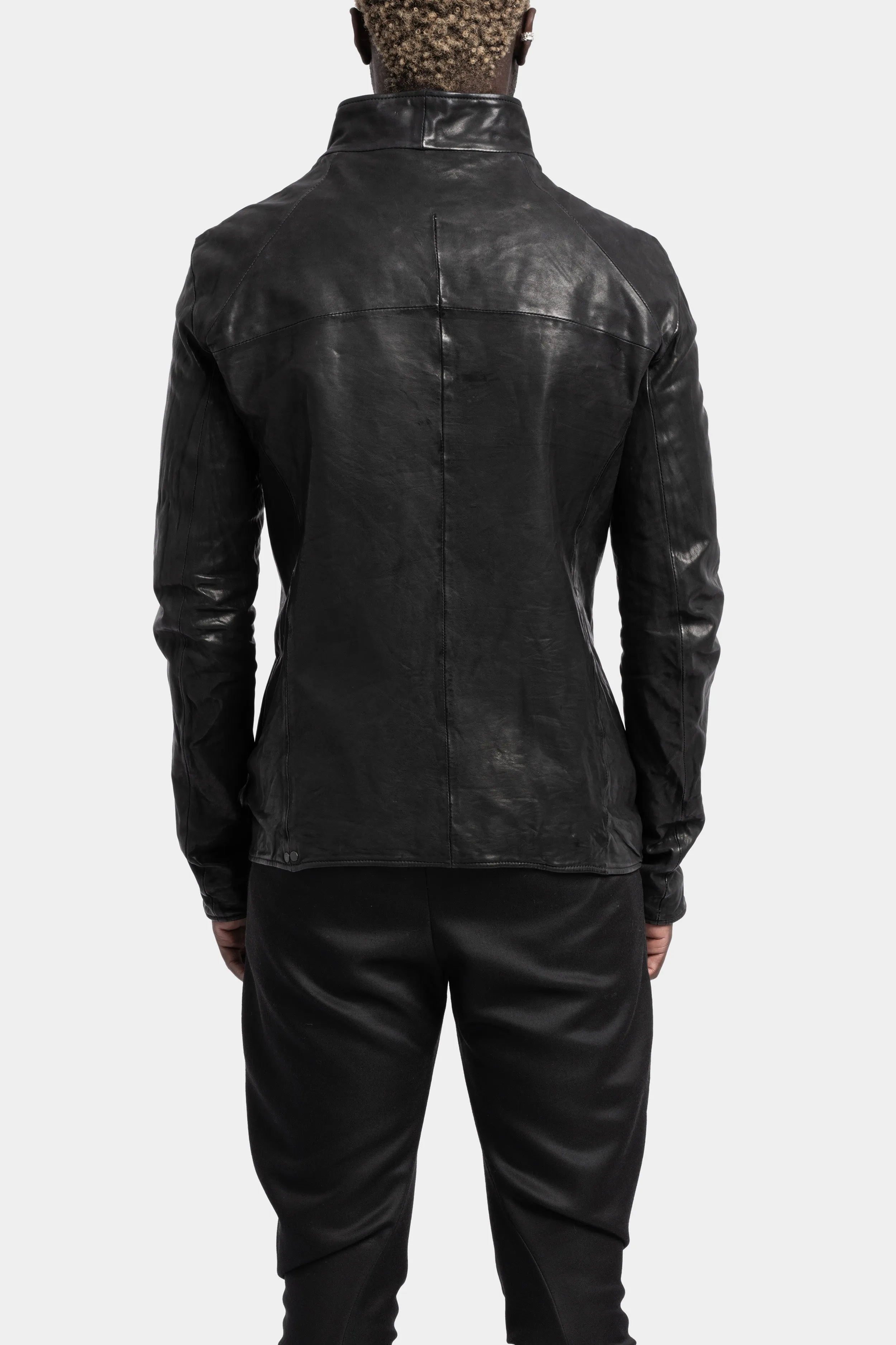 High neck asymmetrical zip calf leather jacket