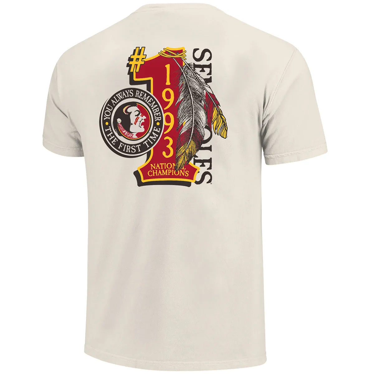 Image One Adult/Unisex Vault Seminole Head 1993 National Champs #1 Feather Design Short Sleeve T-shirt - Bone