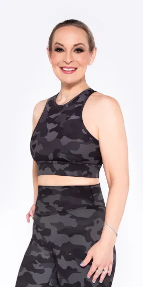 Jet Black Camo - High-Neck Racerback Sports Bra [Final Sale]