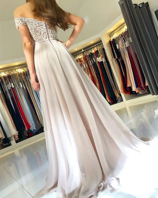 Lace Appliques V-neck Off The Shoulder Long Chiffon Prom Dresses