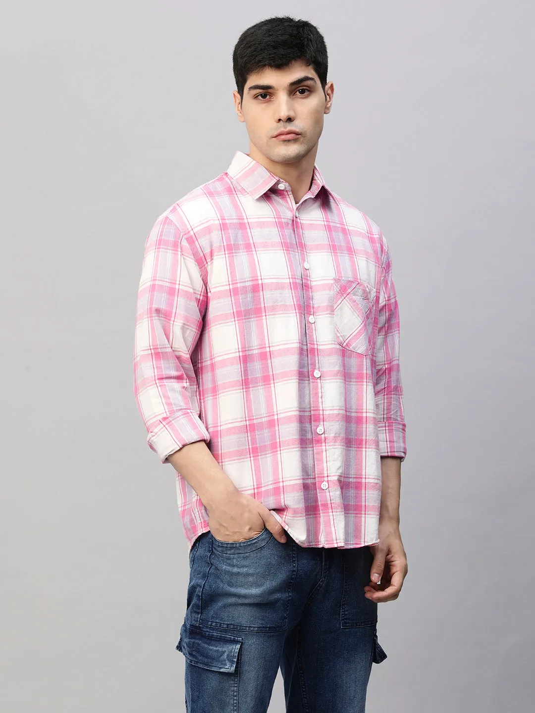 Mens Pink and White Check Relaxed Fit Shirt