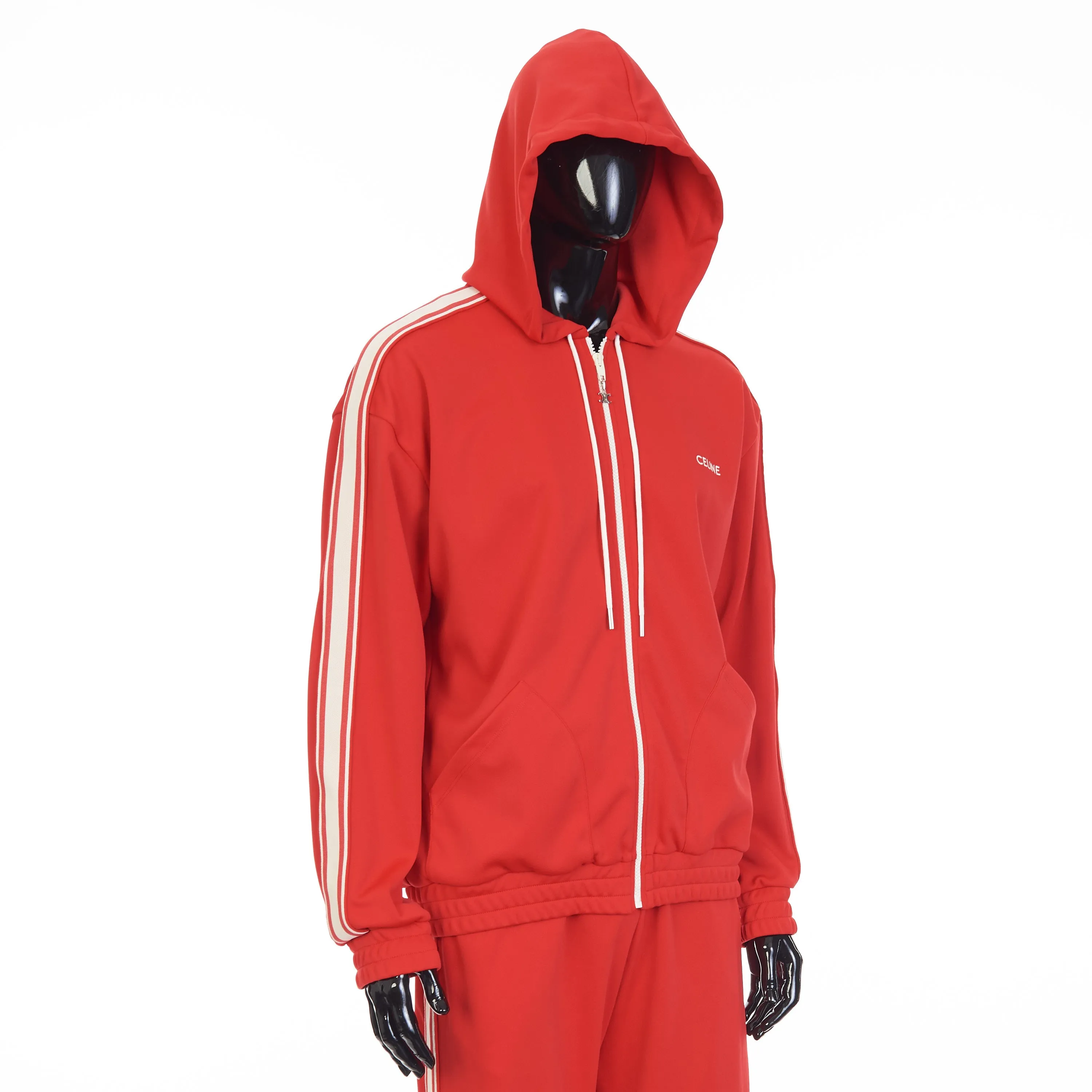 Red Tracksuit Jacket - Celine Embroidery, Hood, Zip Up, Double Face Jersey