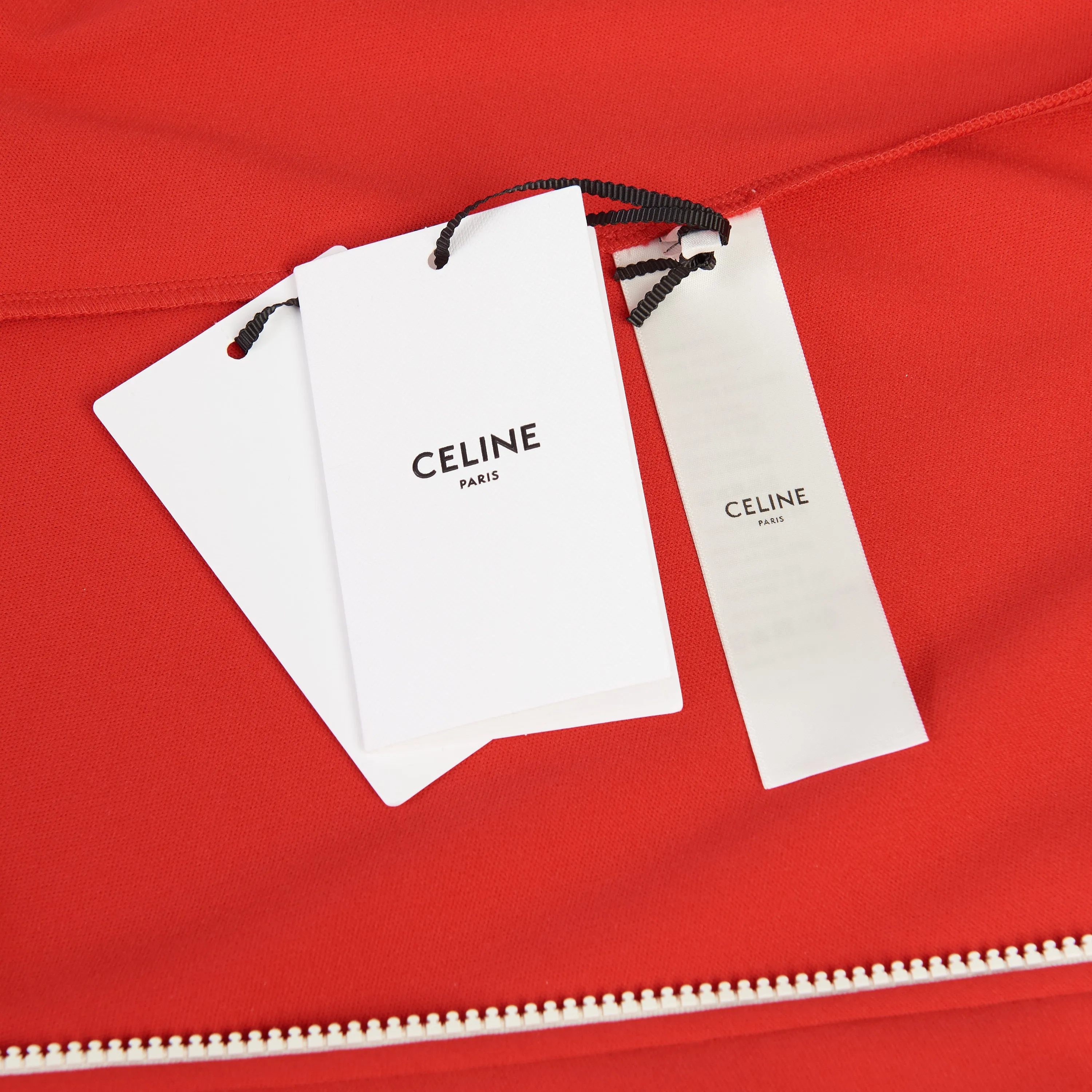 Red Tracksuit Jacket - Celine Embroidery, Hood, Zip Up, Double Face Jersey