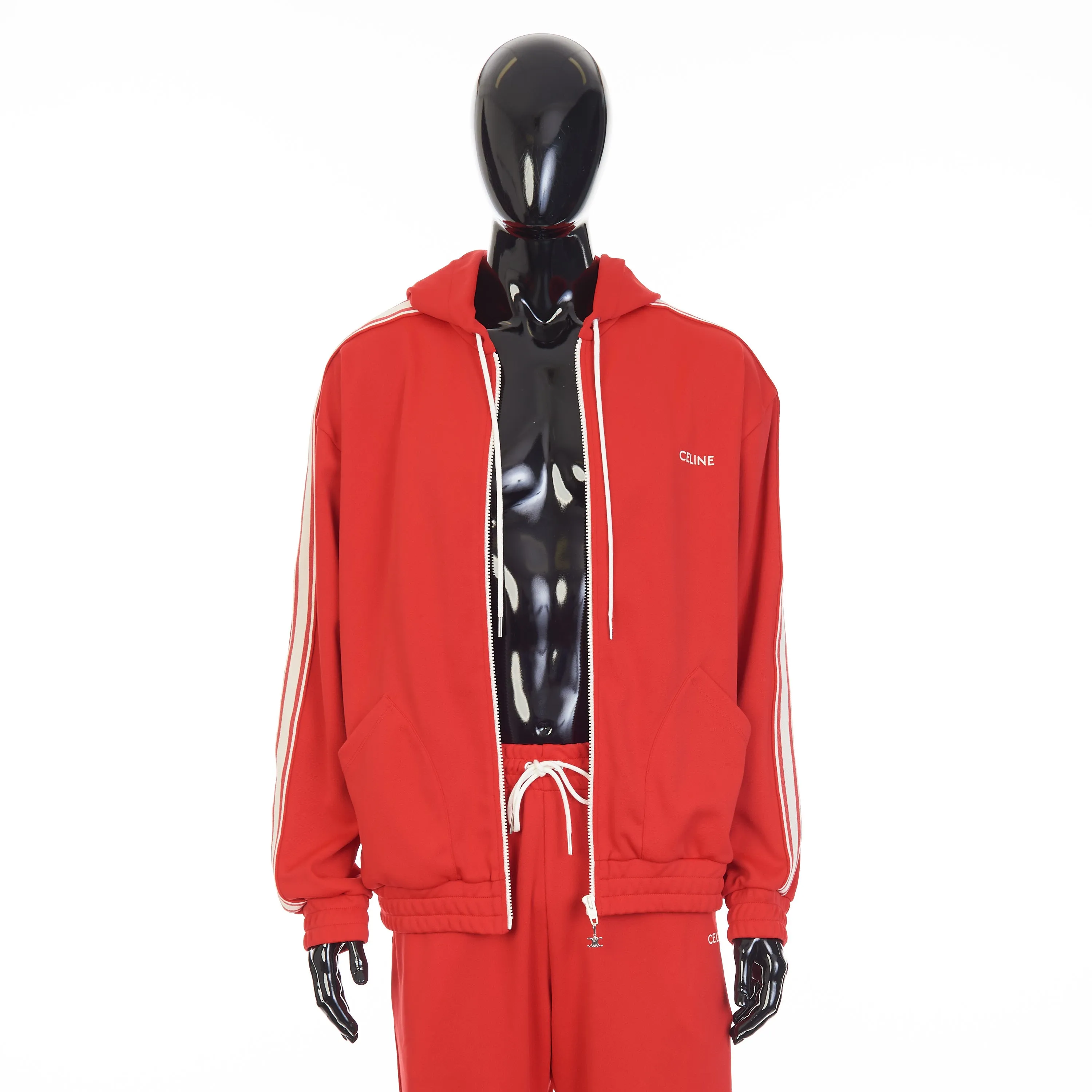 Red Tracksuit Jacket - Celine Embroidery, Hood, Zip Up, Double Face Jersey