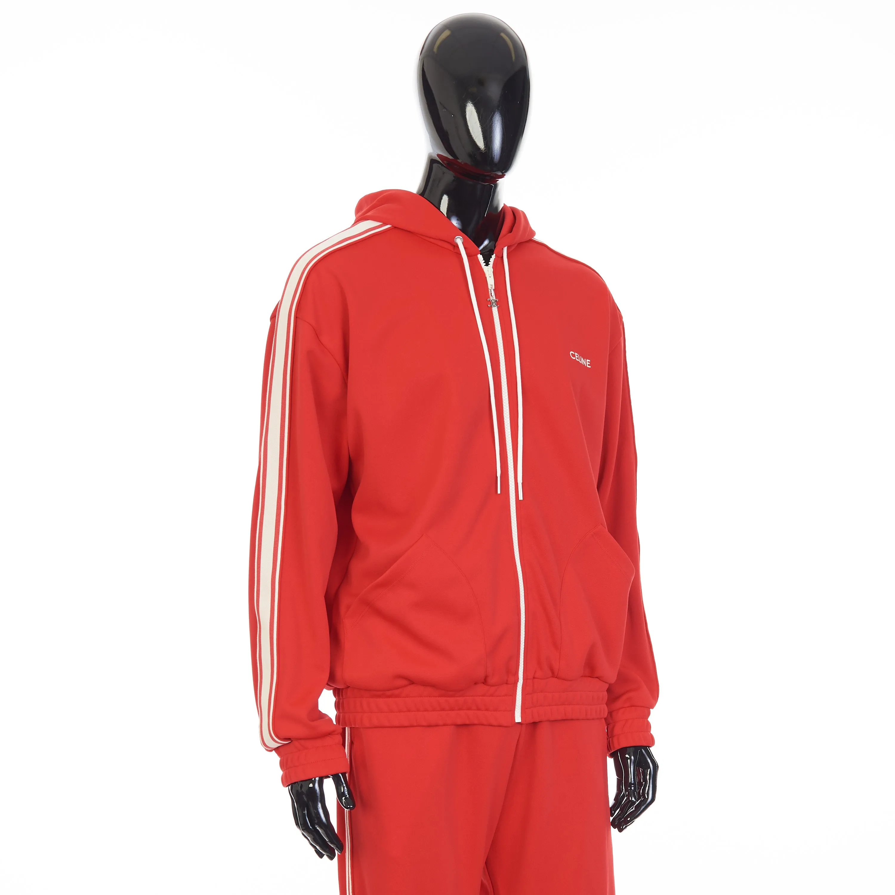 Red Tracksuit Jacket - Celine Embroidery, Hood, Zip Up, Double Face Jersey