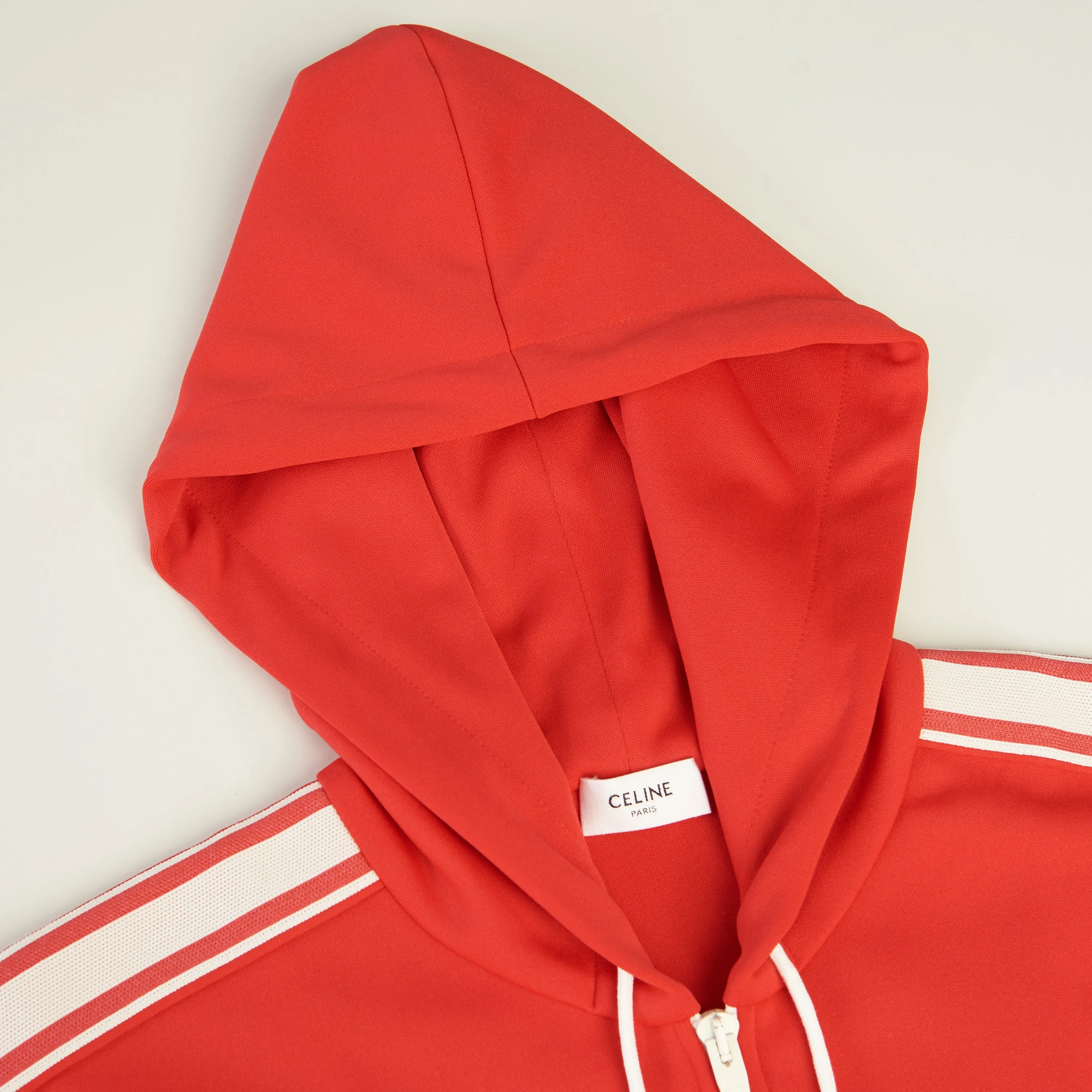 Red Tracksuit Jacket - Celine Embroidery, Hood, Zip Up, Double Face Jersey