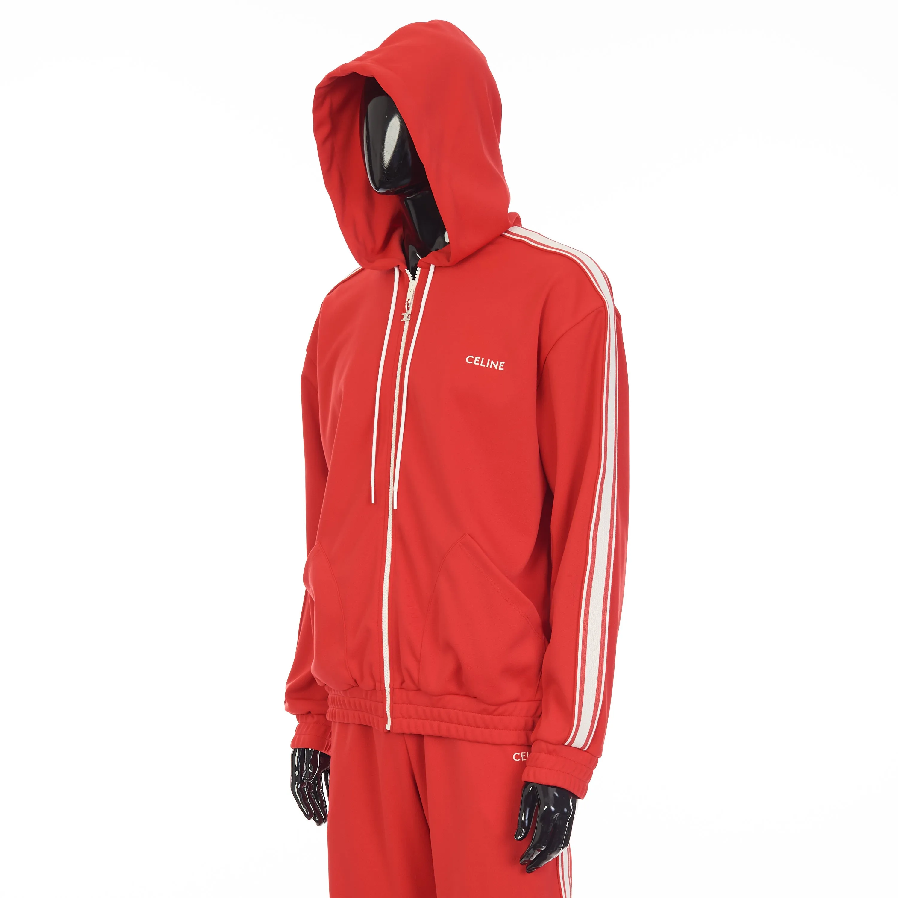 Red Tracksuit Jacket - Celine Embroidery, Hood, Zip Up, Double Face Jersey