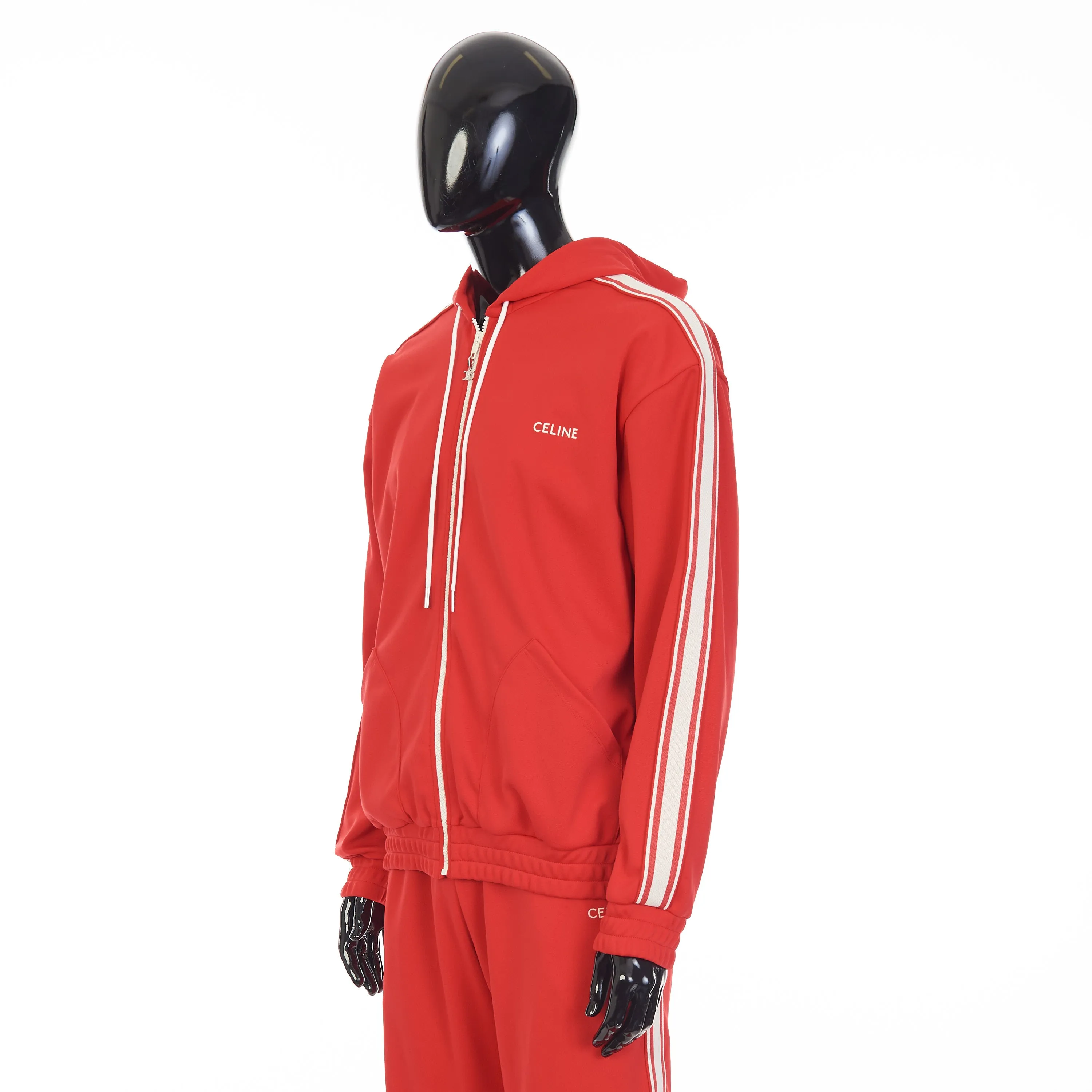 Red Tracksuit Jacket - Celine Embroidery, Hood, Zip Up, Double Face Jersey