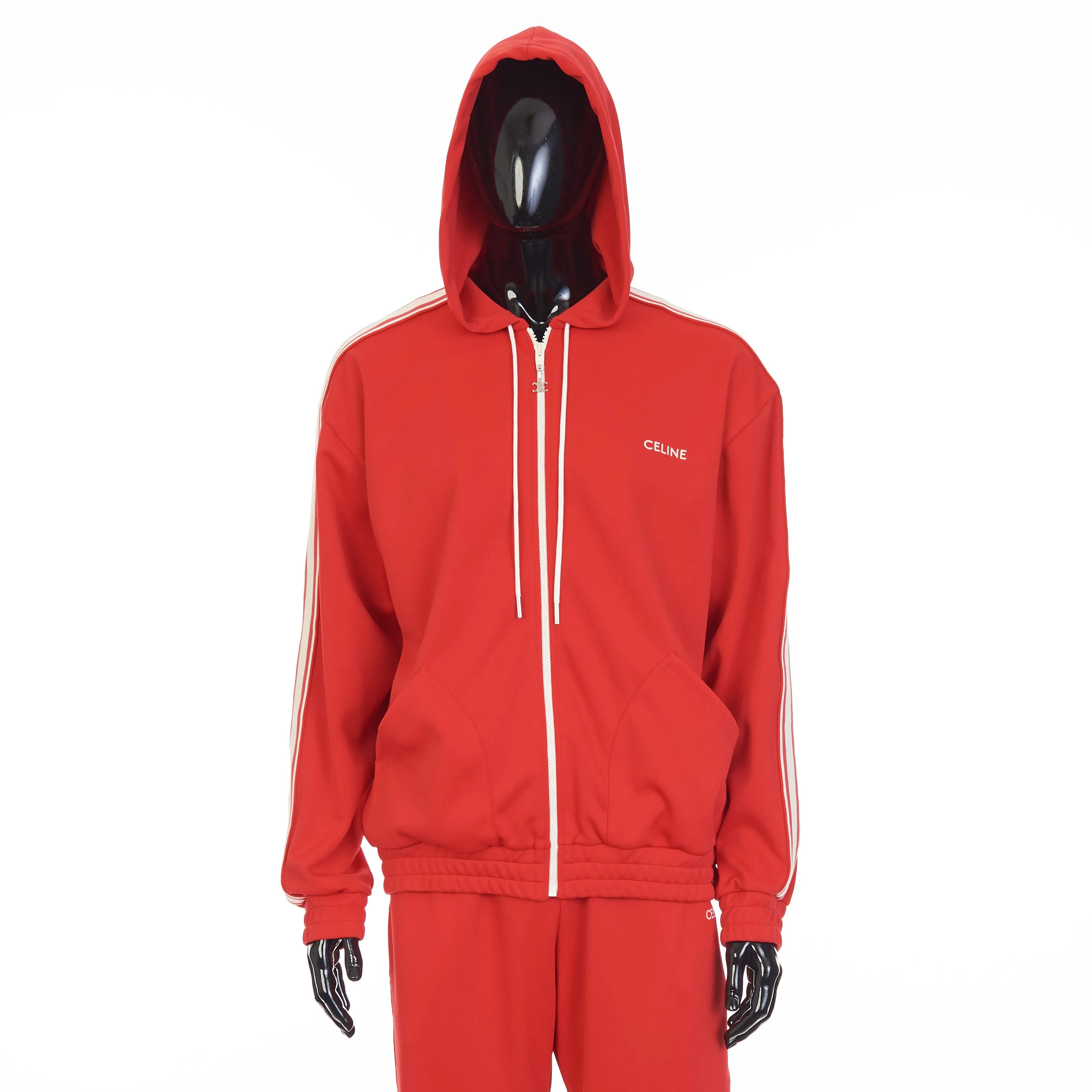 Red Tracksuit Jacket - Celine Embroidery, Hood, Zip Up, Double Face Jersey