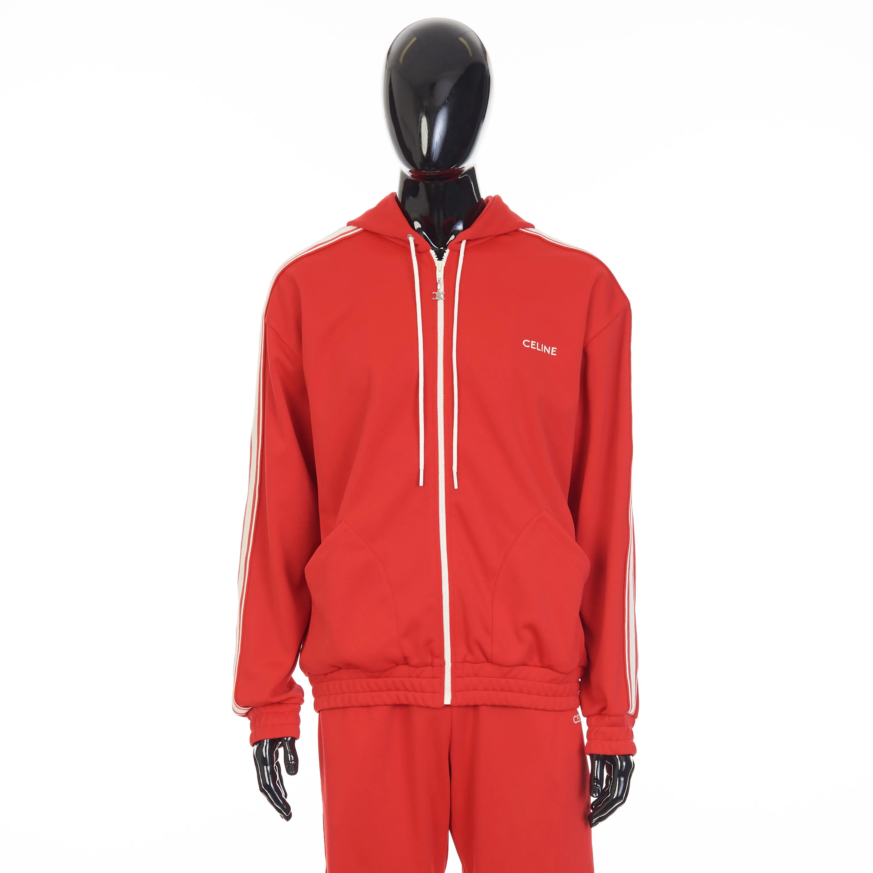 Red Tracksuit Jacket - Celine Embroidery, Hood, Zip Up, Double Face Jersey