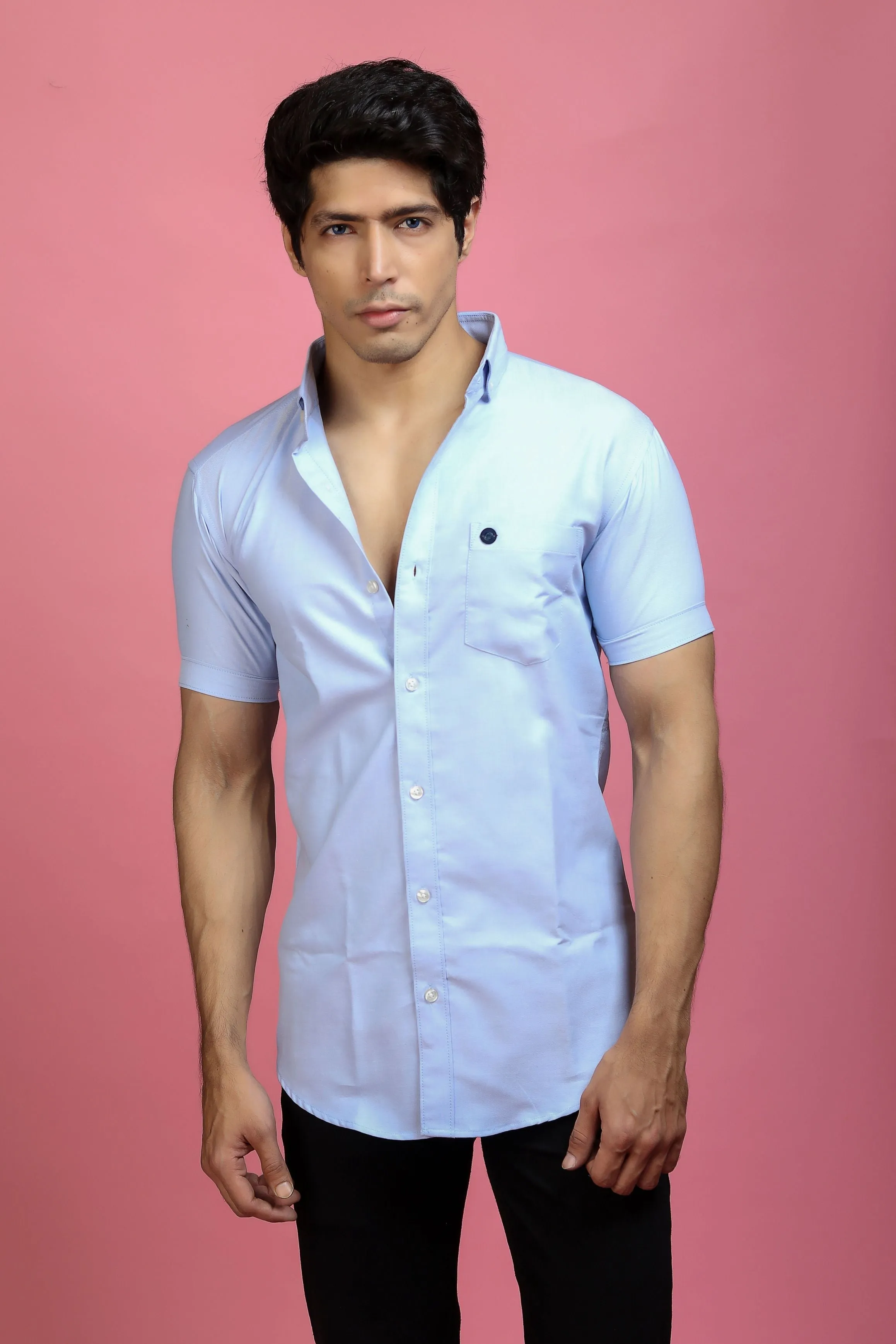 Short Sleeve Shirt - Men Casual Plain Light Blue Shirt