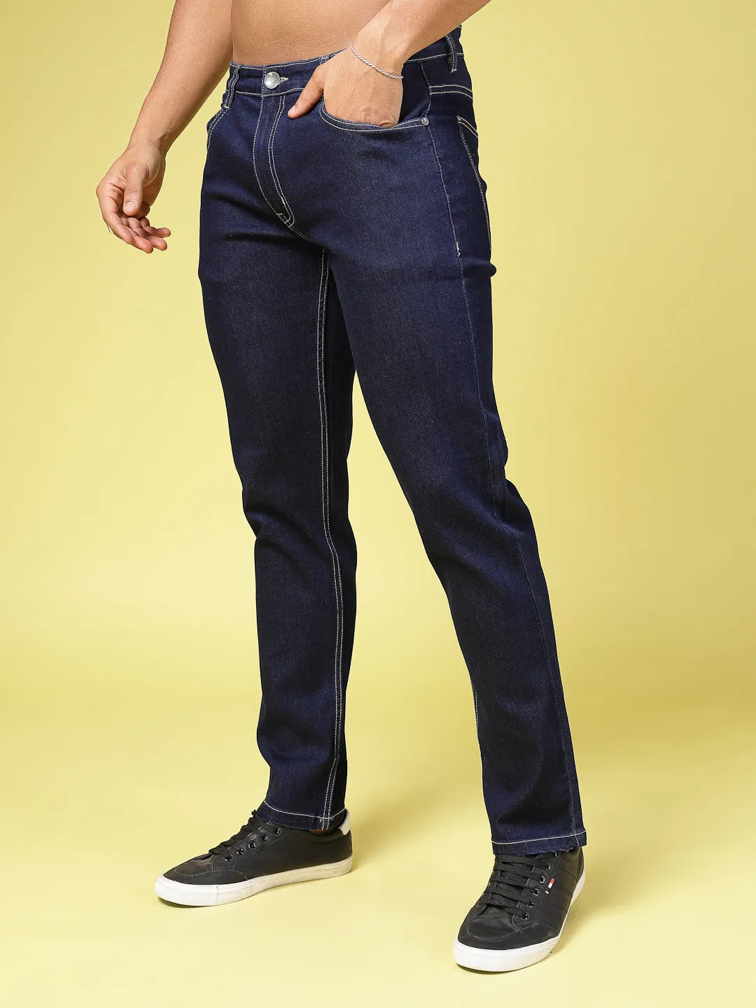 Solid Slim Fit Button Zipper Jeans