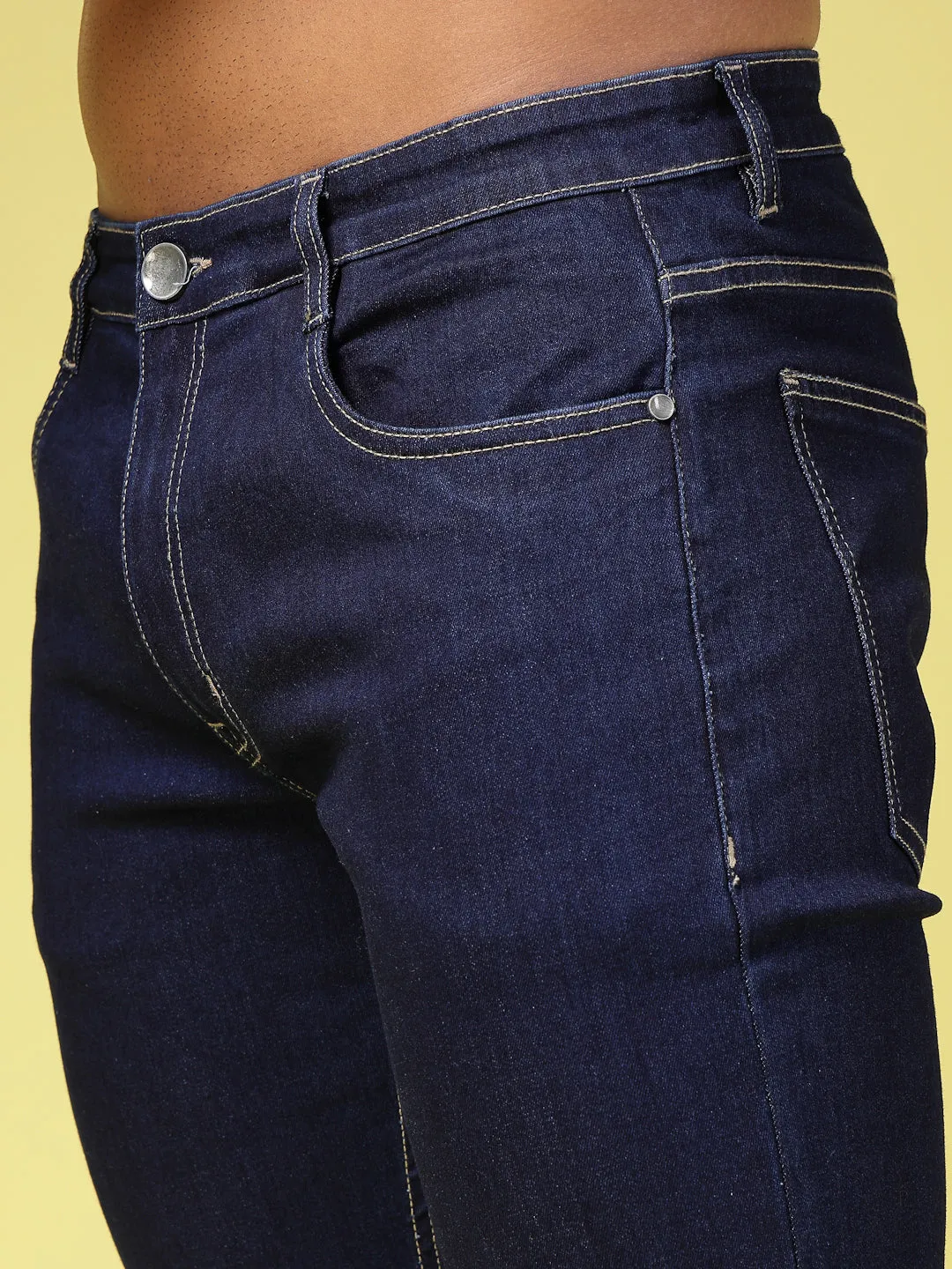 Solid Slim Fit Button Zipper Jeans