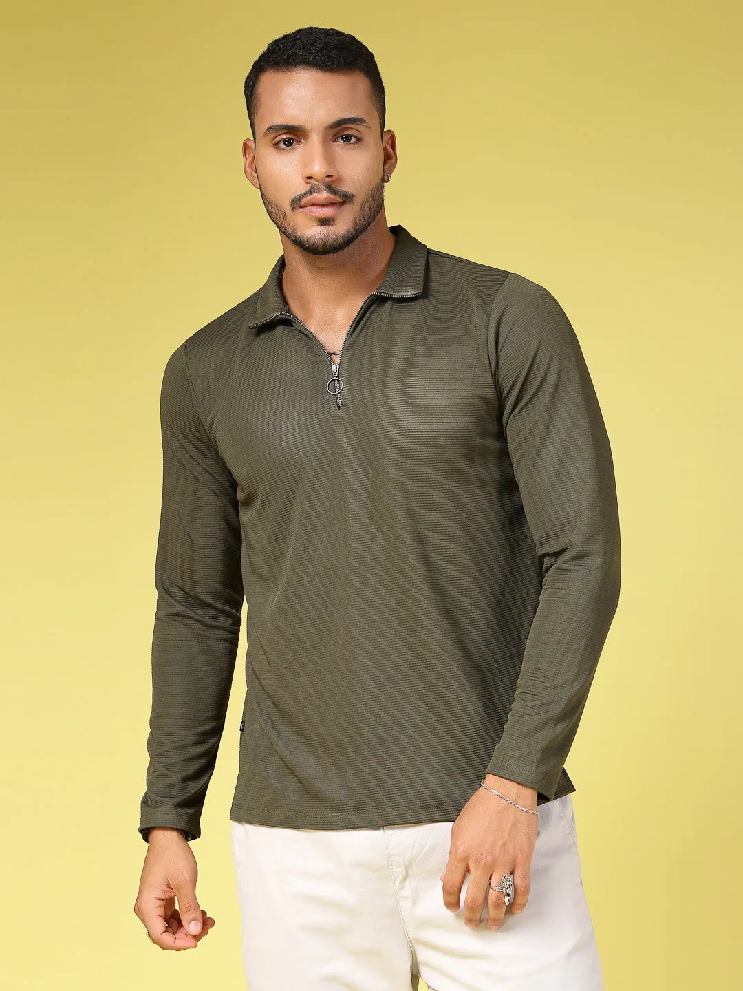 Solid Textured High Neck Zipper T-Shirt