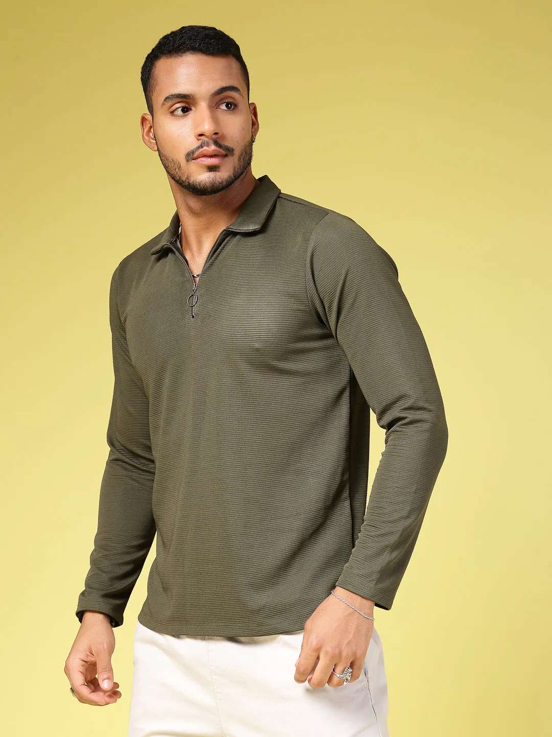 Solid Textured High Neck Zipper T-Shirt