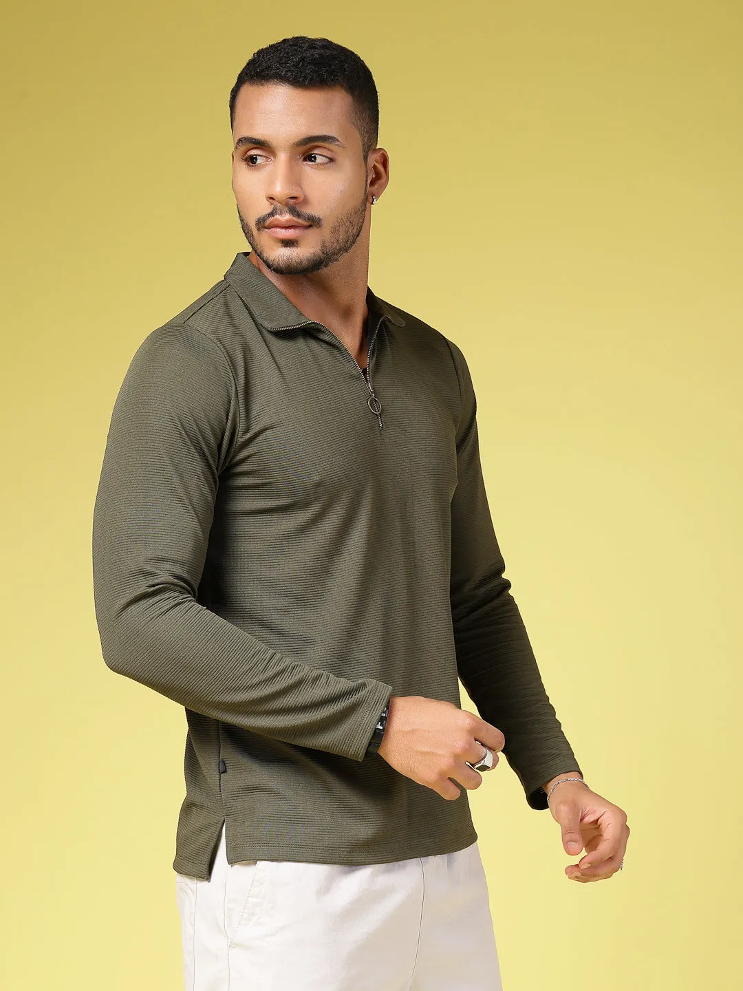 Solid Textured High Neck Zipper T-Shirt