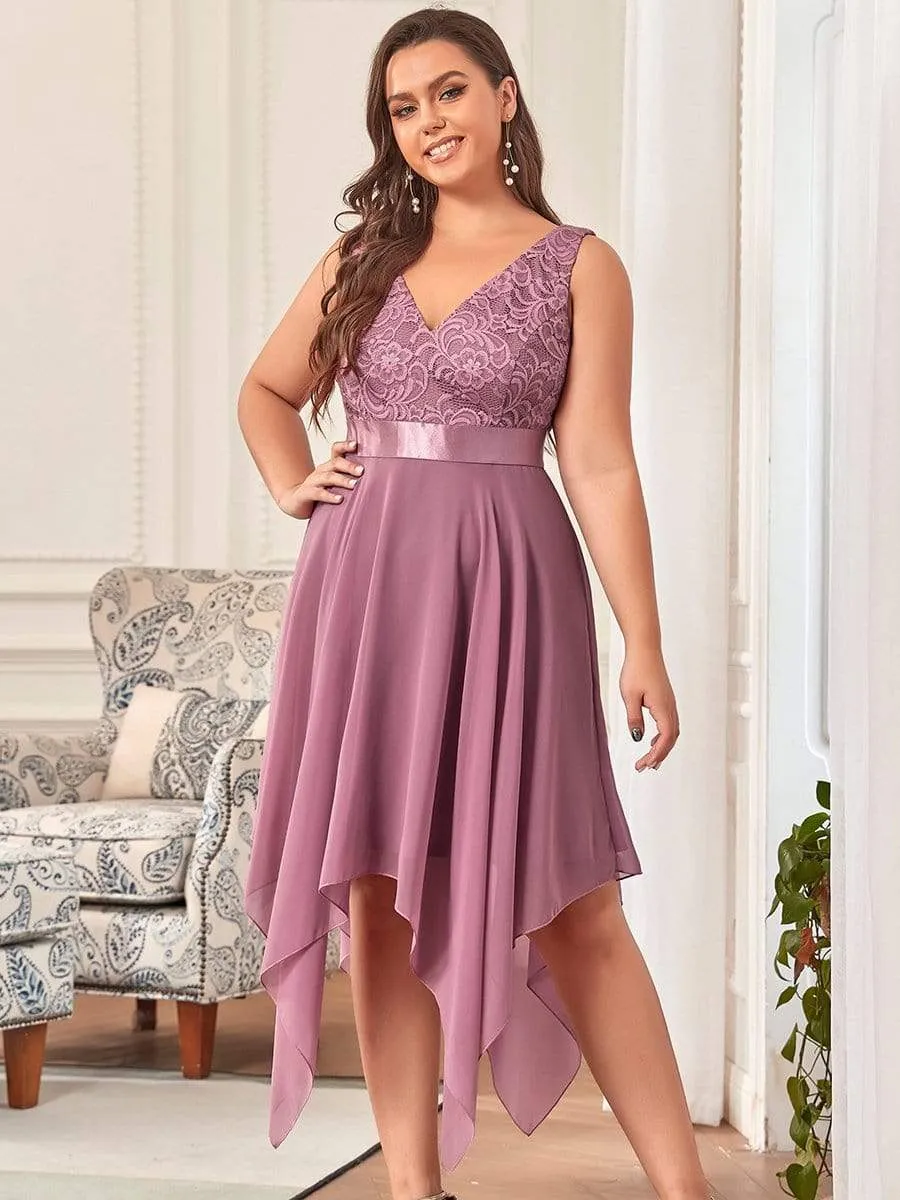 Stunning V Neck Lace Dress with Asymmetrical Hems