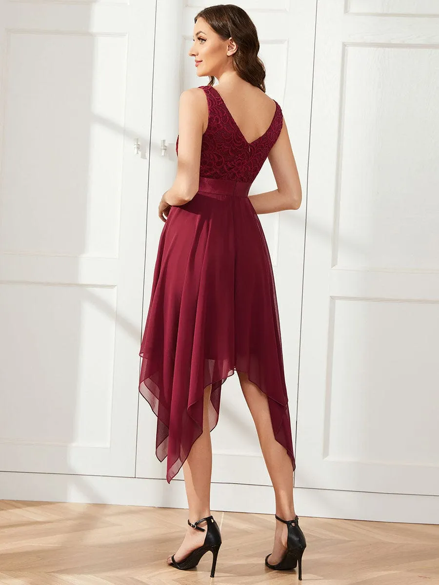 Stunning V Neck Lace Dress with Asymmetrical Hems