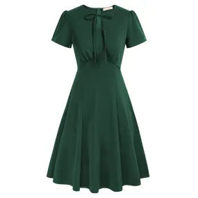 Vintage A-Line Swing Dress Keyhole Tie Dress Round Neck Work Dress Tea Dress